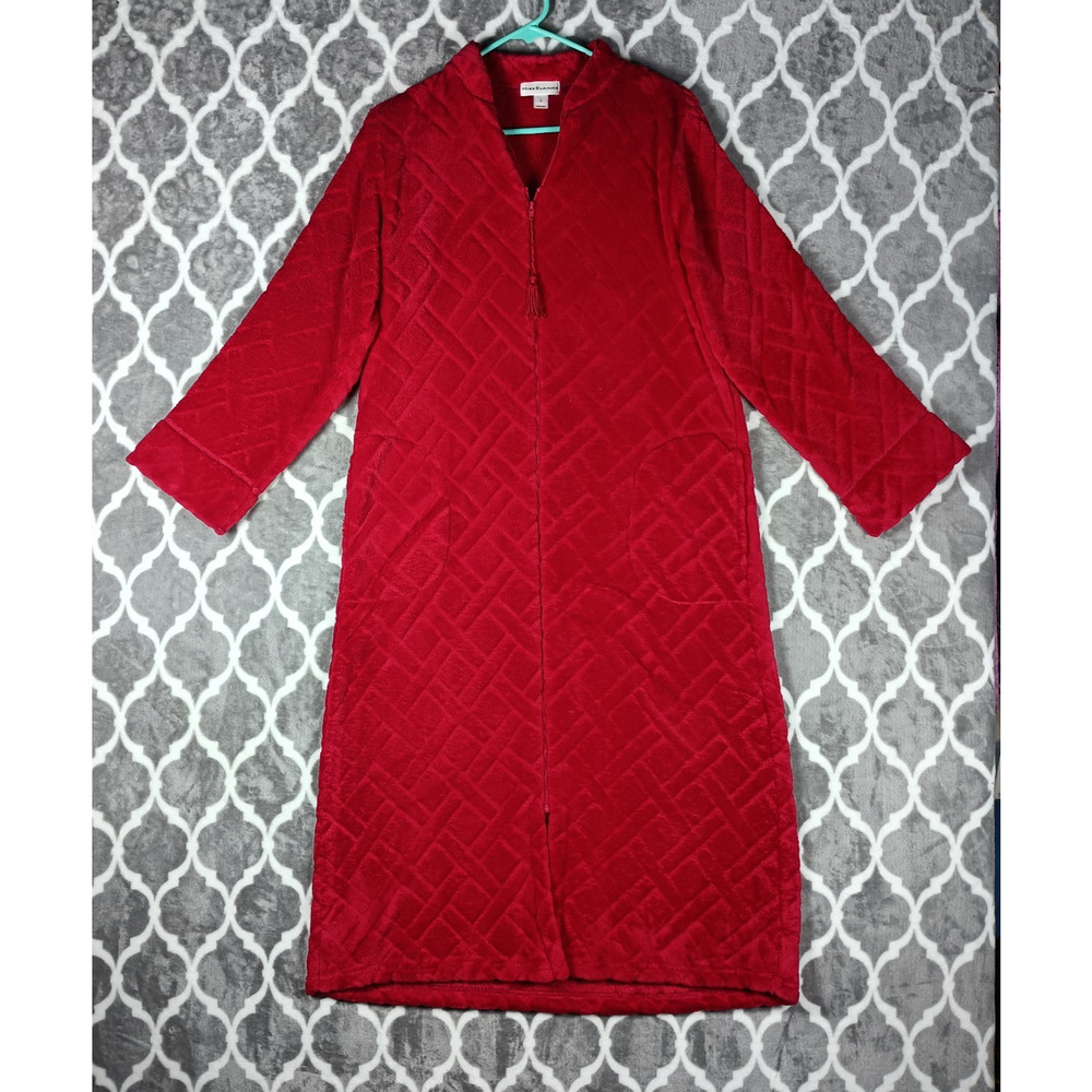 Miss‎ Elaine Housecoat Robe Women Small Red Quilted Zip Front Long Sleeve